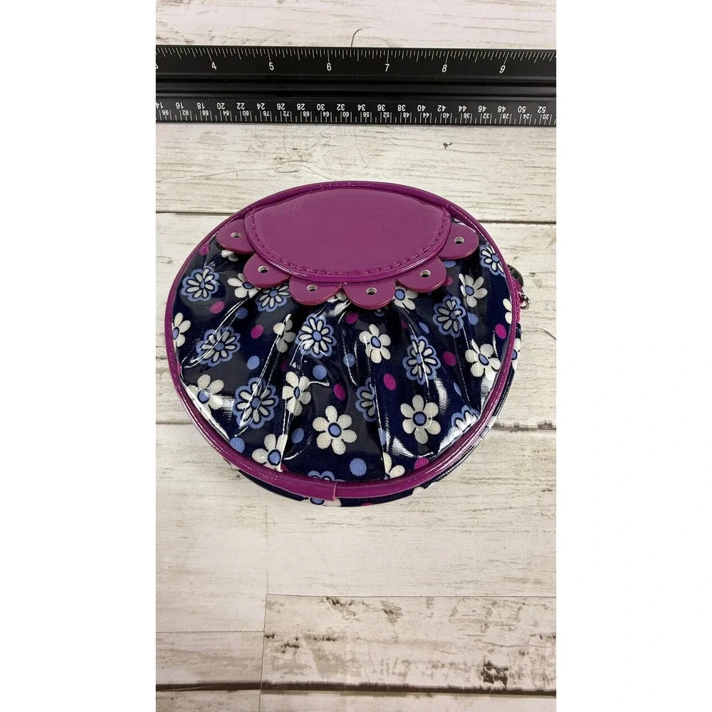 Vera Bradley Frill Navy Purple Floral Round Cosmetic Makeup Pouch Bag‎ Glossy